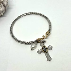 Rosary Silver Rope Twist Charm Bracelet With Real Pearl!